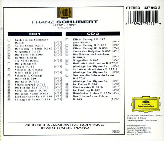 Franz Schubert - Gundula Janowitz, Irwin Gage : Lieder (2xCD, Comp, RM)
