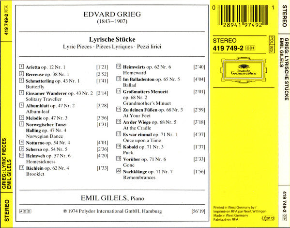 Edvard Grieg, Emil Gilels : Lyrische Stücke = Lyric Pieces = Pièces Lyriques (CD, Album, RE, RP)