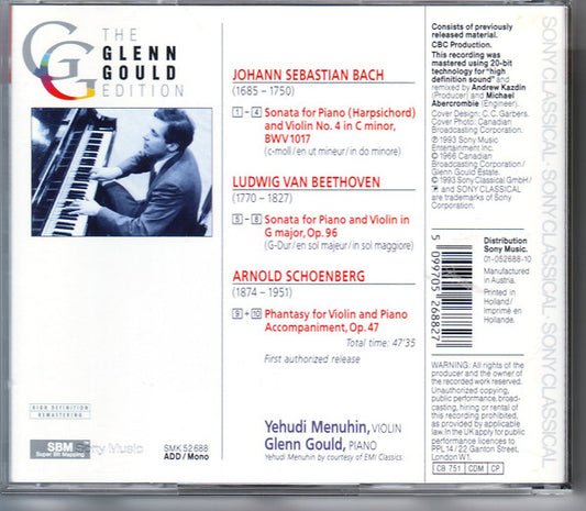 Glenn Gould Meets Yehudi Menuhin / Johann Sebastian Bach, Ludwig van Beethoven, Arnold Schoenberg : Bach: Violin Sonata BWV 1017 / Beethoven: Violin Sonata, Op. 96 / Schoenberg: Phantasy For Violin And Piano, Op. 47 (CD, Comp, Mono, RE, RM)