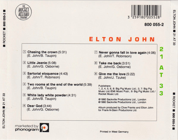 Elton John : 21 At 33 (CD, Album, RP, "Pu)