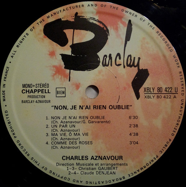 Charles Aznavour : Non, Je N'ai Rien Oublié (LP, Album, Mono)