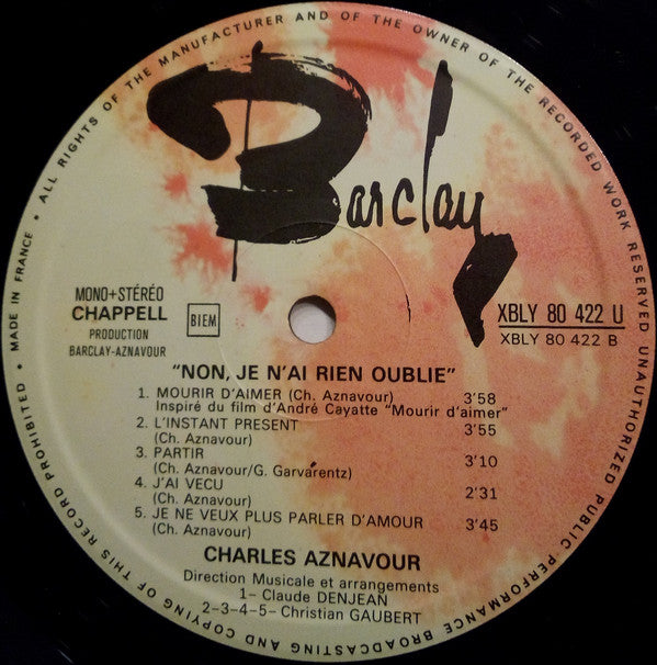 Charles Aznavour : Non, Je N'ai Rien Oublié (LP, Album, Mono)