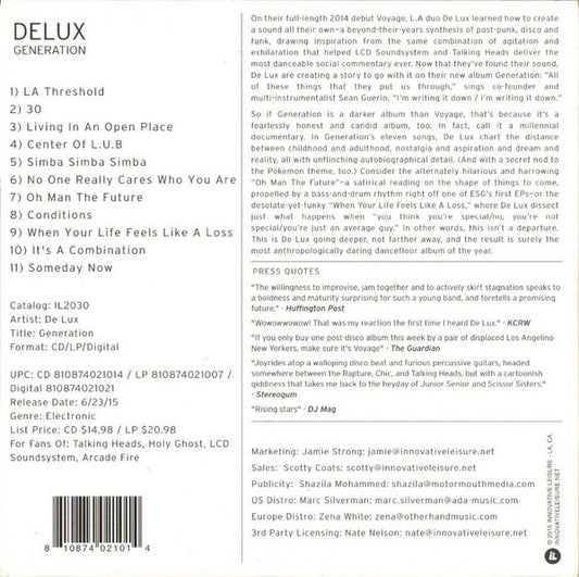 De Lux (2) : Generation (CD, Album, Promo)