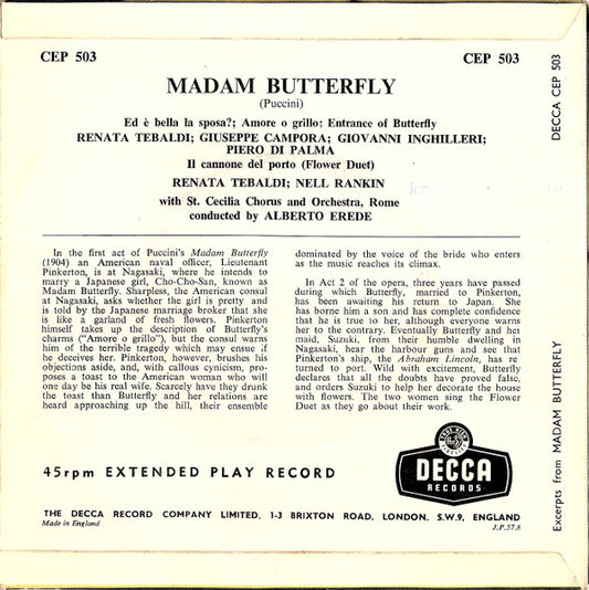 Giacomo Puccini / Renata Tebaldi : Nell Rankin : Giuseppe Campora : Giovanni Inghilleri : Madam Butterfly (7", EP, Mono)