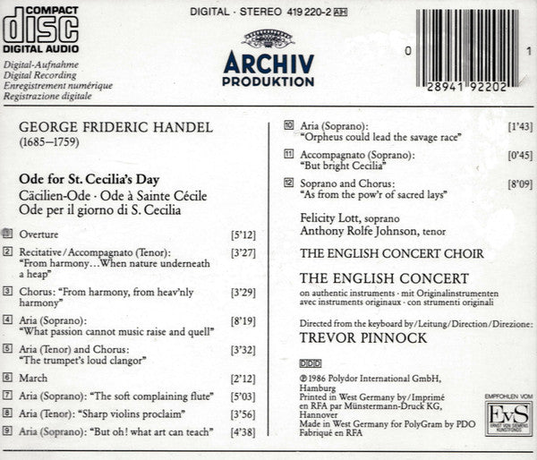 Georg Friedrich Händel - Felicity Lott, Anthony Rolfe Johnson, The English Concert And The English Concert Choir, Trevor Pinnock : Ode For St. Cecilia's Day (CD, Album)
