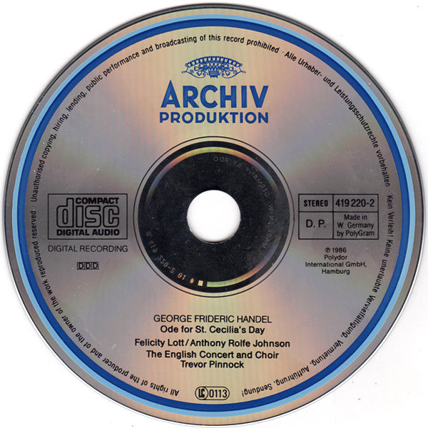 Georg Friedrich Händel - Felicity Lott, Anthony Rolfe Johnson, The English Concert And The English Concert Choir, Trevor Pinnock : Ode For St. Cecilia's Day (CD, Album)