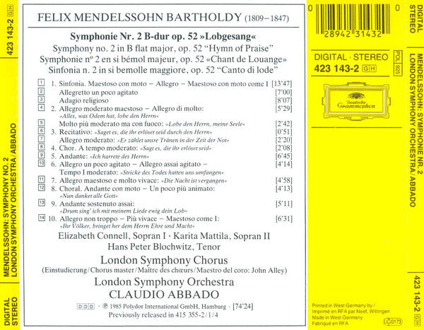 Felix Mendelssohn-Bartholdy - Elizabeth Connell · Karita Mattila · Hans Peter Blochwitz · London Symphony Chorus · London Symphony Orchestra · Claudio Abbado : Symphonie No. 2 »Lobgesang« (CD, Album, RE)