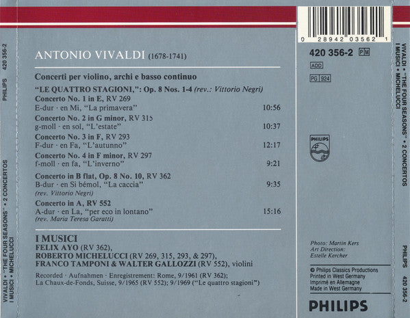 Antonio Vivaldi - I Musici, Roberto Michelucci : Le Quattro Stagioni = The Four Seasons ･ Die Vier Jahreszeiten, Concerti "La Caccia" ･ "Per Eco In Lontano" (CD, Comp, RM)