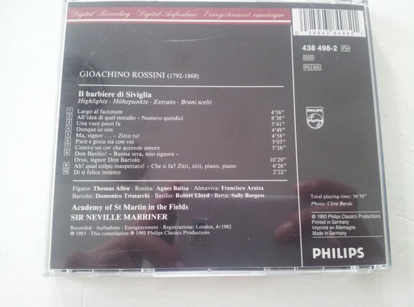 Gioacchino Rossini, Thomas Allen, Agnes Baltsa, Francisco Araiza, The Academy Of St. Martin-in-the-Fields, Sir Neville Marriner : Il Barbiere Di Siviglia - Highlights (CD, Comp)