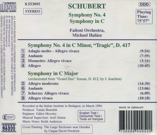 Franz Schubert, Failoni Chamber Orchestra, Budapest, Michael Halász : Symphonies (Symphony No. 4 "Tragic", D. 417 / Symphony In C (Grand Duo, D. 812, Orch. Joachim)) (CD, Album)