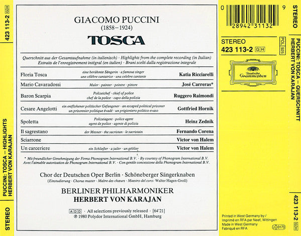 Giacomo Puccini, Herbert von Karajan, Berliner Philharmoniker, Katia Ricciarelli, José Carreras, Ruggero Raimondi : Tosca (Highlights) (CD, RE)