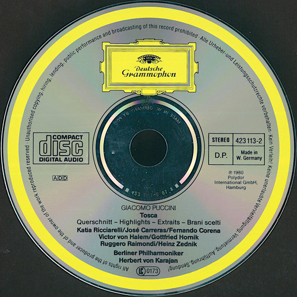 Giacomo Puccini, Herbert von Karajan, Berliner Philharmoniker, Katia Ricciarelli, José Carreras, Ruggero Raimondi : Tosca (Highlights) (CD, RE)