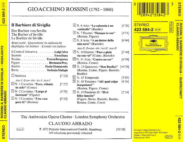 Gioacchino Rossini - Hermann Prey · Teresa Berganza · Luigi Alva · Enzo Dara · Paolo Montarsolo - London Symphony Orchestra - Claudio Abbado : Il Barbiere Di Siviglia (Highlights-Querschnitt-Extraits-Brani Scelti) (CD, Album)