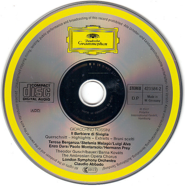 Gioacchino Rossini - Hermann Prey · Teresa Berganza · Luigi Alva · Enzo Dara · Paolo Montarsolo - London Symphony Orchestra - Claudio Abbado : Il Barbiere Di Siviglia (Highlights-Querschnitt-Extraits-Brani Scelti) (CD, Album)