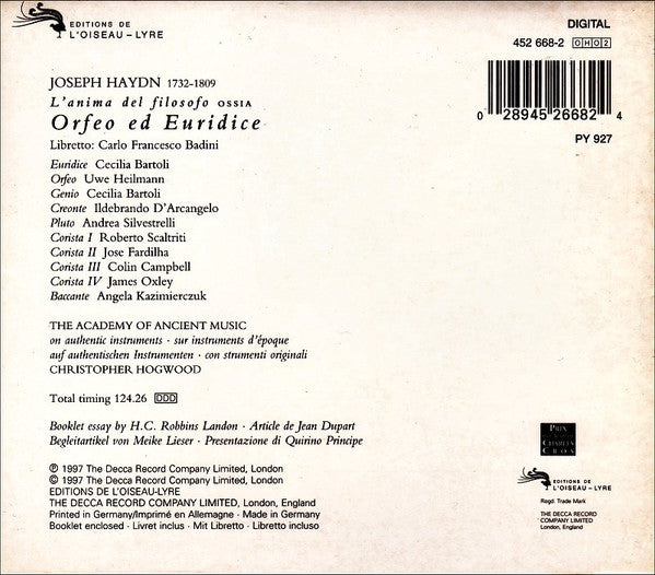 Cecilia Bartoli • Uwe Heilmann • Ildebrando D'Arcangelo • The Academy Of Ancient Music And The Academy Of Ancient Music Chorus, Christopher Hogwood, Joseph Haydn : L'Anima Del Filosofo Ossia Orfeo Ed Euridice (2xCD, Album, RE + Box, RE)