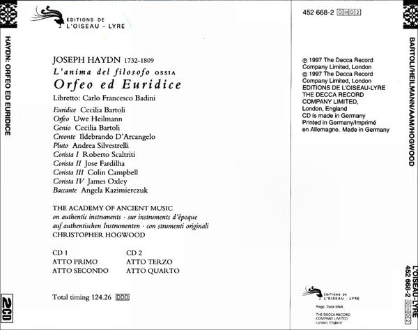Cecilia Bartoli • Uwe Heilmann • Ildebrando D'Arcangelo • The Academy Of Ancient Music And The Academy Of Ancient Music Chorus, Christopher Hogwood, Joseph Haydn : L'Anima Del Filosofo Ossia Orfeo Ed Euridice (2xCD, Album, RE + Box, RE)