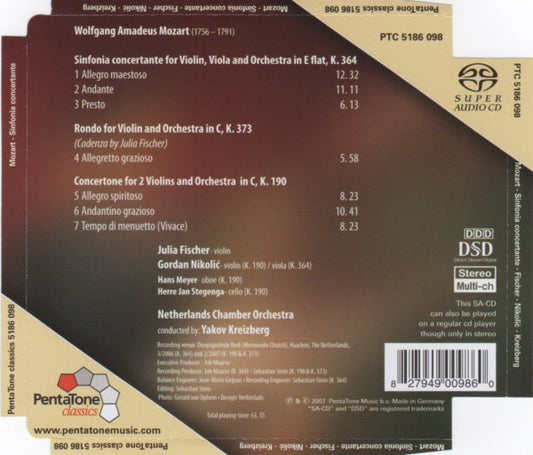 Wolfgang Amadeus Mozart, Julia Fischer (4), Gordan Nikolitch, Netherlands Chamber Orchestra, Yakov Kreizberg : Sinfonia Concertante For Violin, Viola And Orchestra In E Flat, K. 364 - Rondo For Violin And Orchestra In C, K. 373 - Concertone For 2 Violins And Orchestra In C, K. 190 (SACD, Hybrid, Multichannel, Album)