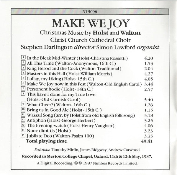 The Choir Of Christ Church Cathedral, Stephen Darlington : Make We Joy (Christmas Music By Holst And Walton) (CD)
