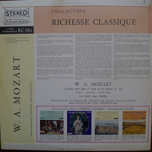 Wolfgang Amadeus Mozart, Wiener Konzertverein , Direction Karl Ritter - Walter Koffman, Holga Lebowisch : Concerto Pour Flûte Et Harpe En Ut Majeur K. 299  /  Les Petits Riens (LP, Album)