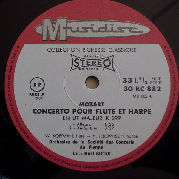 Wolfgang Amadeus Mozart, Wiener Konzertverein , Direction Karl Ritter - Walter Koffman, Holga Lebowisch : Concerto Pour Flûte Et Harpe En Ut Majeur K. 299  /  Les Petits Riens (LP, Album)