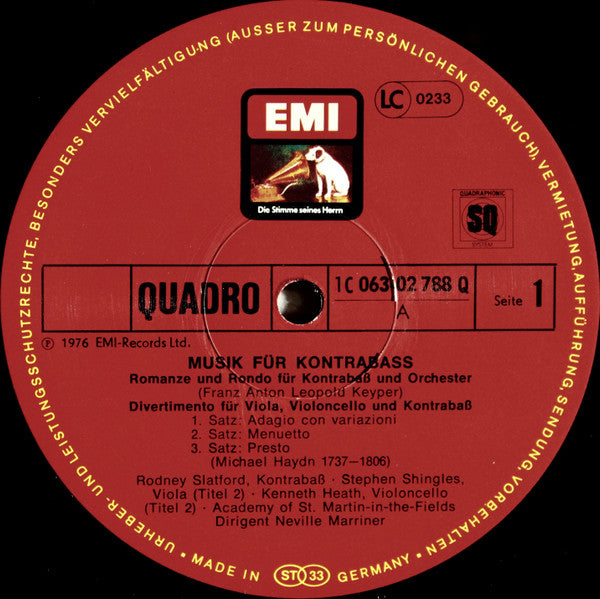 Gioacchino Rossini, Michael Haydn, Carl Ditters von Dittersdorf, Franz Anton Leopold Keyper, Rodney Slatford, The Academy Of St. Martin-in-the-Fields, Sir Neville Marriner : Musik Für Kontrabass (LP, Quad)