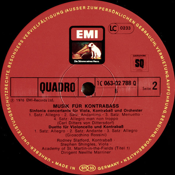 Gioacchino Rossini, Michael Haydn, Carl Ditters von Dittersdorf, Franz Anton Leopold Keyper, Rodney Slatford, The Academy Of St. Martin-in-the-Fields, Sir Neville Marriner : Musik Für Kontrabass (LP, Quad)