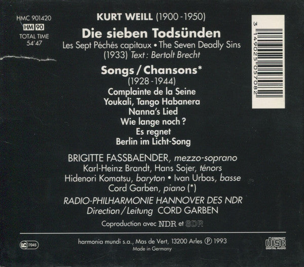 Kurt Weill, Brigitte Fassbaender, Radio-Philharmonie Hannover Des NDR, Cord Garben : Die Sieben Todsünden • Chansons (CD, Album)