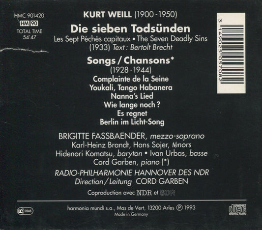 Kurt Weill, Brigitte Fassbaender, Radio-Philharmonie Hannover Des NDR, Cord Garben : Die Sieben Todsünden • Chansons (CD, Album)