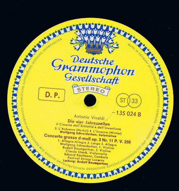 Antonio Vivaldi, Festival Strings Lucerne, Rudolf Baumgartner : Die Vier Jahreszeiten & Concerto Grosso Op. 3 No. 11 D-Moll, P.V. 250 (LP, RP)