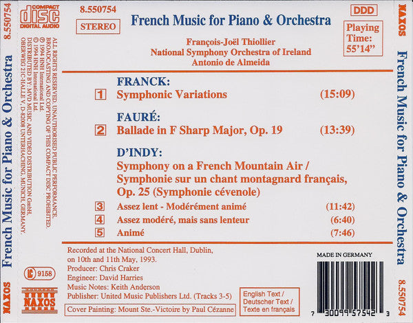 César Franck, Gabriel Fauré, Vincent d'Indy | François-Joël Thiollier, National Symphony Orchestra Of Ireland, Antonio De Almeida : French Music For Piano & Orchestra (CD, Album)
