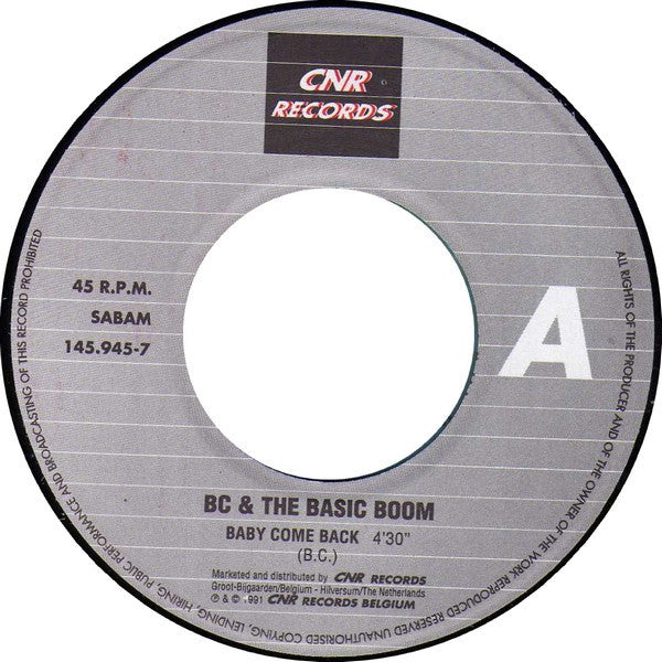 B.C. & The Basic Boom : Baby Come Back (7", Single)