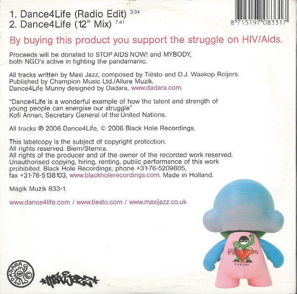 DJ Tiësto Featuring Maxi Jazz : Dance4Life (CD, Single, Car)
