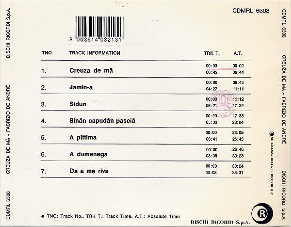 Fabrizio De André : Creuza De Mä (CD, Album, RE)