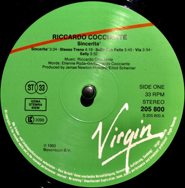 Riccardo Cocciante : Sincerita' (LP, Album)