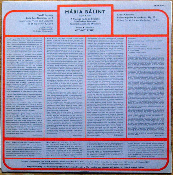 Niccolò Paganini, Ernest Chausson, Mária Bálint, The Budapest Philharmonic Orchestra, György Lehel : Violin Concerto In D Major / Poème (LP, Album)
