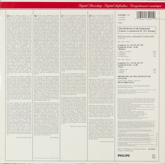 Wolfgang Amadeus Mozart, Orchestra Of The 18th Century, Frans Brüggen : Symphonies No 31 "Paris", No 35 "Haffner" (LP, Dig)