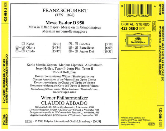 Franz Schubert - Karita Mattila · Marjana Lipovšek · Jerry Hadley · Jorge Pita · Robert Holl, Konzertvereinigung Wiener Staatsopernchor, Wiener Philharmoniker, Claudio Abbado : Messe Es-Dur = Mass In E Flat Major D 950 (CD, Album)
