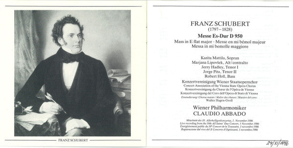 Franz Schubert - Karita Mattila · Marjana Lipovšek · Jerry Hadley · Jorge Pita · Robert Holl, Konzertvereinigung Wiener Staatsopernchor, Wiener Philharmoniker, Claudio Abbado : Messe Es-Dur = Mass In E Flat Major D 950 (CD, Album)