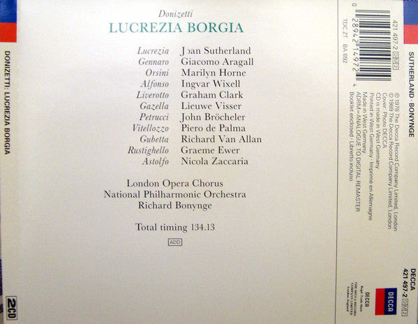Gaetano Donizetti - Joan Sutherland, Marilyn Horne, Giacomo Aragall, Ingvar Wixell, National Philharmonic Orchestra, Richard Bonynge : Lucrezia Borgia (2xCD, Album, RE, RM)