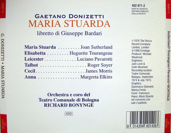 Gaetano Donizetti / Joan Sutherland, Huguette Tourangeau, Luciano Pavarotti, Orchestra Del Teatro Comunale Di Bologna E Coro del Teatro Comunale di Bologna, Richard Bonynge : Maria Stuarda [Atto I - Atto II] (CD, Album, RE, RM)