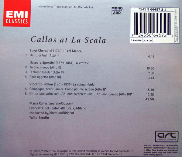 Maria Callas, Orchestra Del Teatro Alla Scala, Tullio Serafin : Callas At La Scala (CD, Album, Mono, RM)