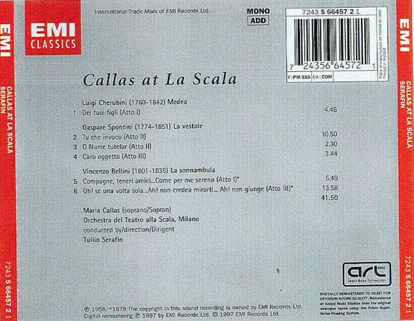 Maria Callas, Orchestra Del Teatro Alla Scala, Tullio Serafin : Callas At La Scala (CD, Album, Mono, RM)