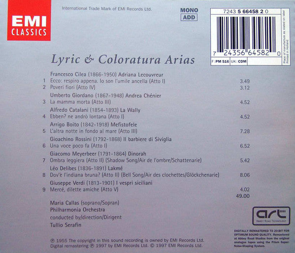 Maria Callas, Philharmonia Orchestra, Tullio Serafin : Lyric And Coloratura Arias (CD, Album, Mono, RE, RM)