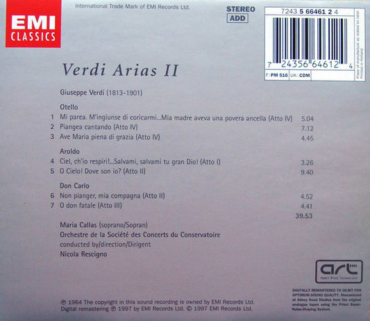 Giuseppe Verdi / Maria Callas, Orchestre De La Société Des Concerts Du Conservatoire, Nicola Rescigno : Verdi Arias II (CD, Album, RE, RM)