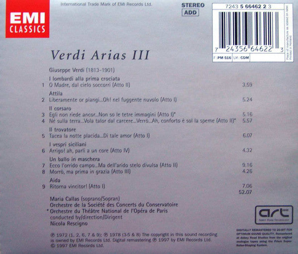 Maria Callas - Orchestre De La Société Des Concerts Du Conservatoire, Orchestre National De L'Opéra De Paris, Nicola Rescigno : Verdi Arias III (CD, Comp, RM)