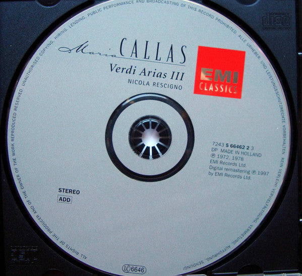 Maria Callas - Orchestre De La Société Des Concerts Du Conservatoire, Orchestre National De L'Opéra De Paris, Nicola Rescigno : Verdi Arias III (CD, Comp, RM)