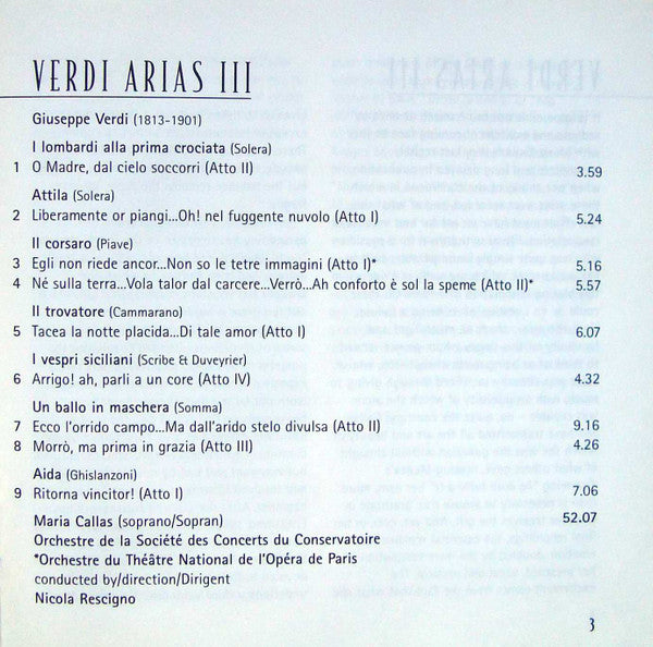 Maria Callas - Orchestre De La Société Des Concerts Du Conservatoire, Orchestre National De L'Opéra De Paris, Nicola Rescigno : Verdi Arias III (CD, Comp, RM)