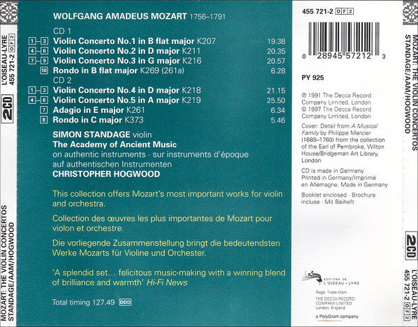 Wolfgang Amadeus Mozart - Simon Standage, The Academy Of Ancient Music, Christopher Hogwood : The Violin Concertos • 2 Rondos • Adagio K261 (2xCD, Album, RE)