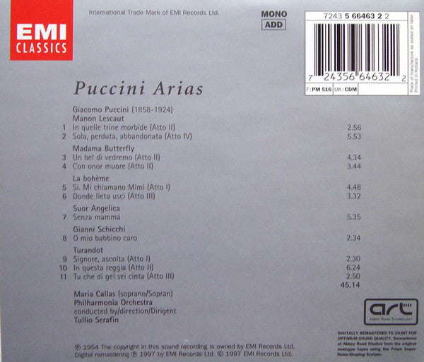 Giacomo Puccini / Maria Callas, Philharmonia Orchestra, Tullio Serafin : Puccini: Arias = Airs = Arien (CD, Album, Mono, RE, RM)