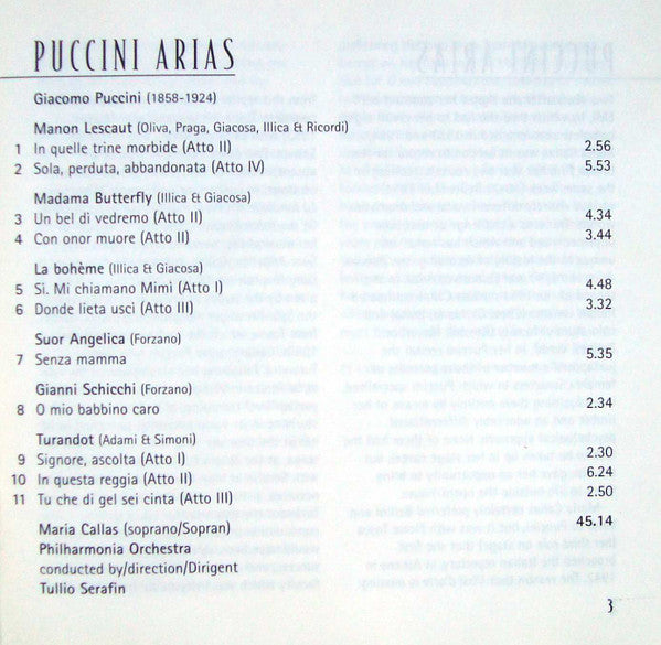 Giacomo Puccini / Maria Callas, Philharmonia Orchestra, Tullio Serafin : Puccini: Arias = Airs = Arien (CD, Album, Mono, RE, RM)